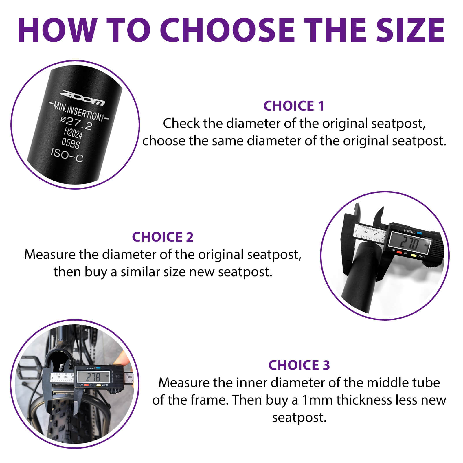 Hycline ZOOM suspension bicycle seatpost with saddle clamp, 27.2/30.9/31.6mm diameter, 350mm length, for comfort riding