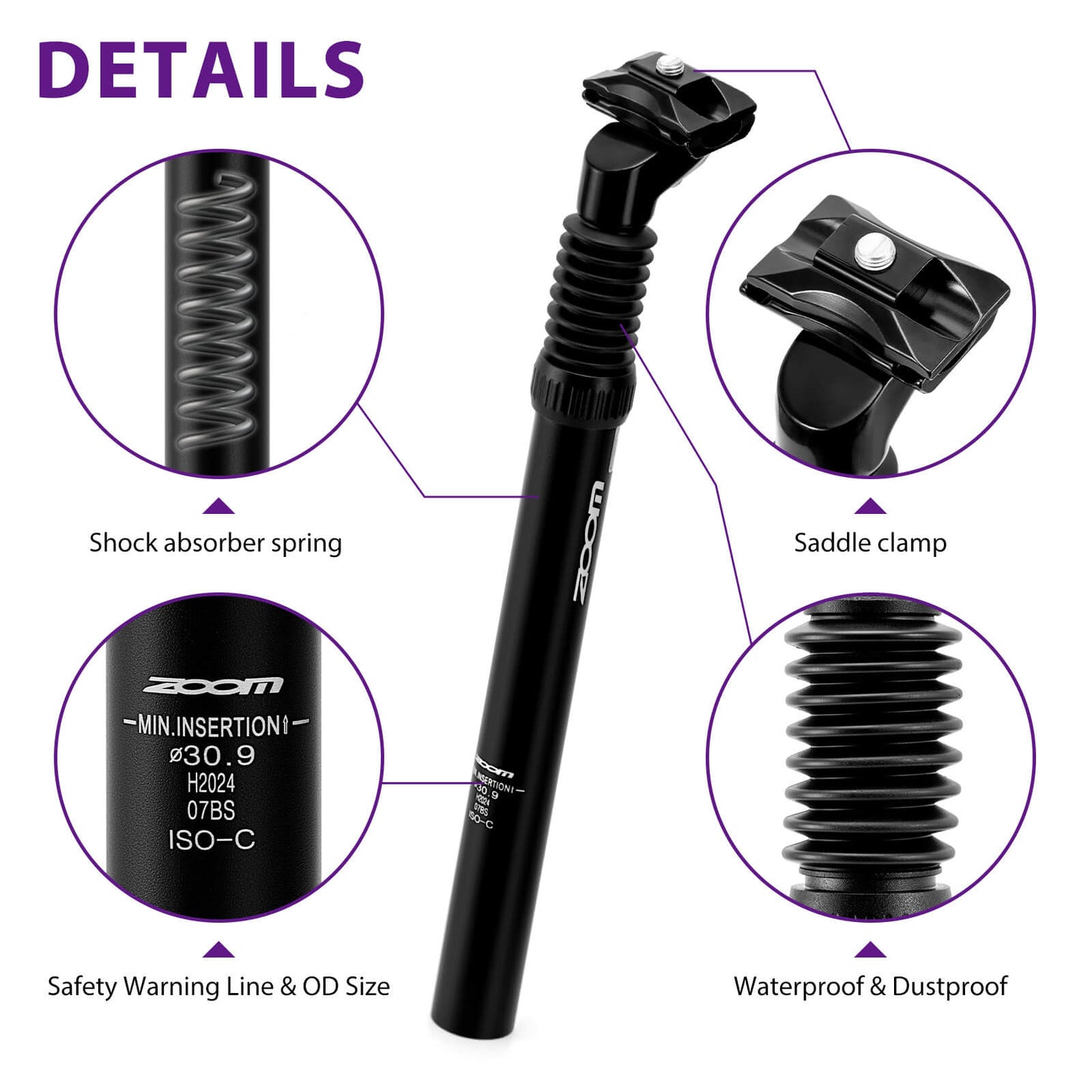 Hycline ZOOM bicycle suspension seatpost with saddle clamp, 27.2/30.9/31.6mm diameter, 350mm length, for comfortable cycling.