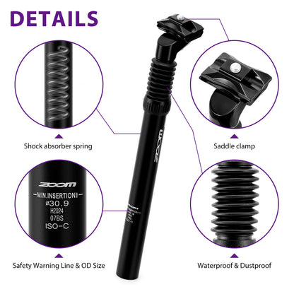 Hycline ZOOM bicycle suspension seatpost with saddle clamp, 27.2/30.9/31.6mm diameter, 350mm length, for comfortable cycling.