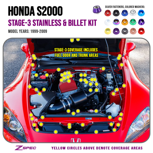 ZSPEC Stage-3 Dress Up Bolts® Fastener Kit for '99-09 Honda S2000, Stainless & Billet - Howling Moto