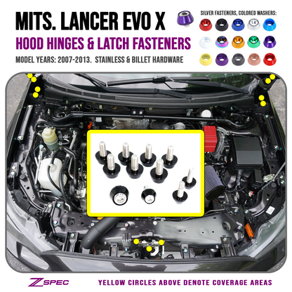 ZSPEC Hood Hinges & Latch Fastener Kit for 07-13 Mitsu Lancer EVO 10, Stainless & Billet - Howling Moto