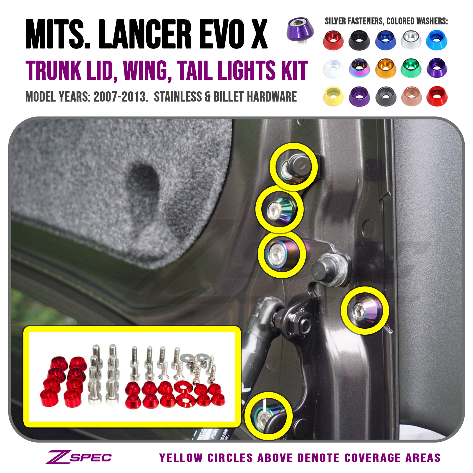 ZSPEC Trunk-Area Fastener Kit for '07-13 Mitsubishi Lancer EVO 10, Stainless & Billet - Howling Moto