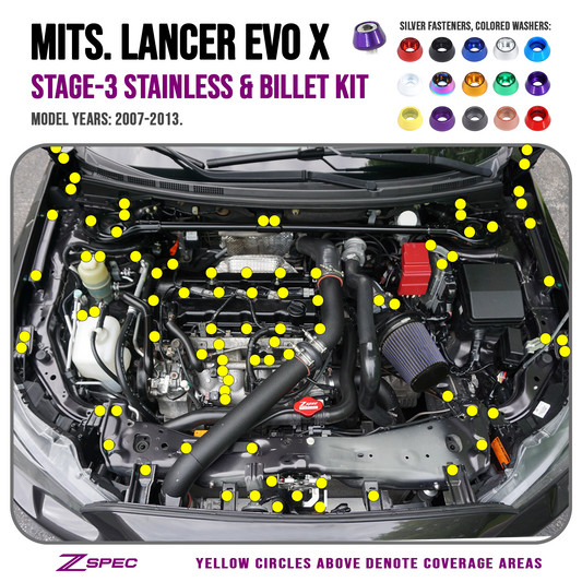 ZSPEC Stage-3 Dress Up Bolts® Fastener Kit for Mitsubishi Lancer EVO X 10, Stainless & Billet - Howling Moto