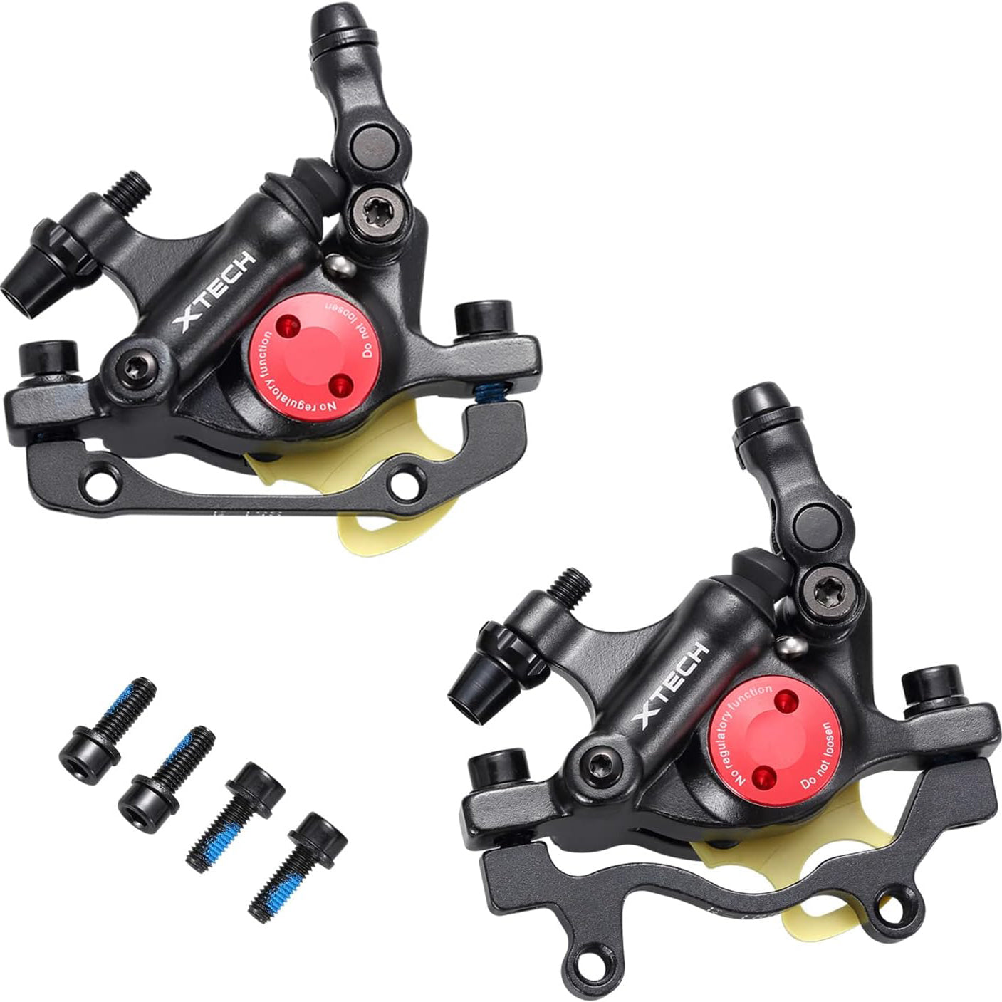 Hycline ZOOM XTECH HB-100 hydraulic disc brake caliper with dual pistons, mounted on a mountain bike's front wheel.
