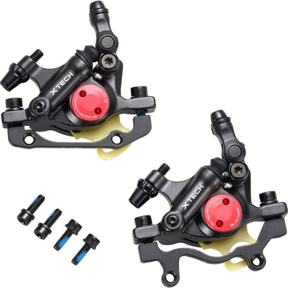 Hycline ZOOM XTECH HB-100 hydraulic disc brake caliper with dual pistons, mounted on a mountain bike's front wheel.