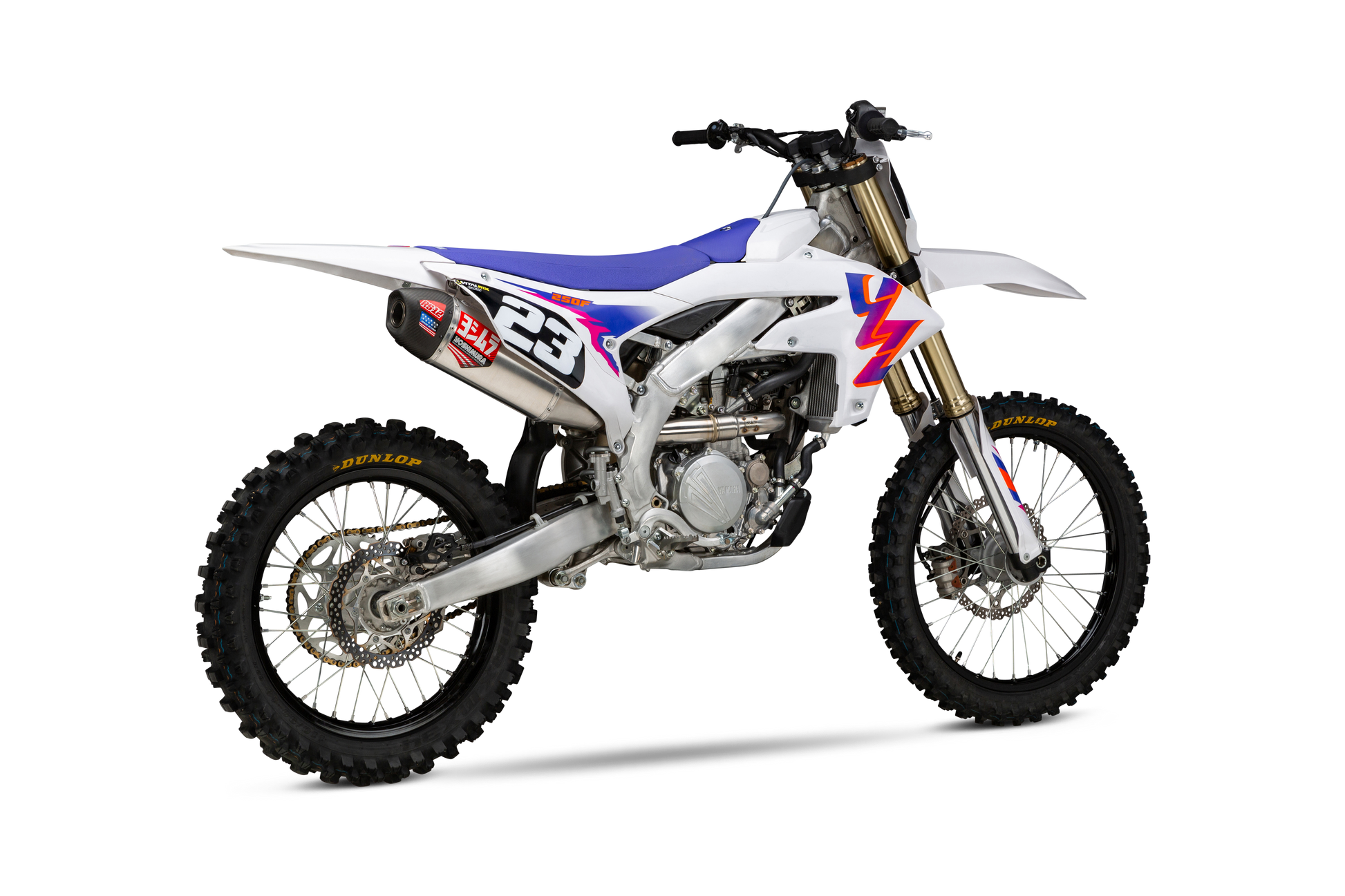 YOSHIMURA RS-12 exhaust system for Yamaha YZ250F with carbon fiber end cap, showcasing shiny metal pipe and sleek design