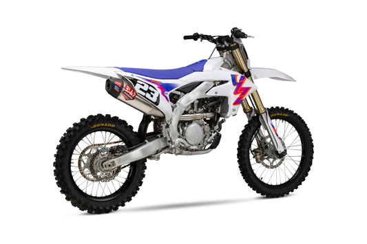 YOSHIMURA RS-12 exhaust system for Yamaha YZ250F with carbon fiber end cap, showcasing shiny metal pipe and sleek design
