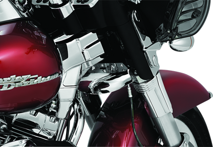 Kuryakyn Deluxe Neck Covers for 95-07 Touring Models in shiny chrome, designed for motorcycle aesthetic enhancement