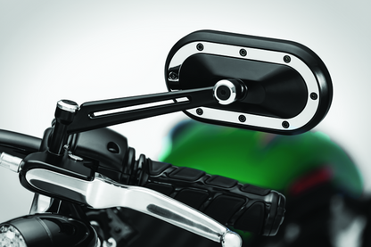 Kuryakyn Heavy Industry Satin Black and Chrome motorcycle mirrors for Harley-Davidson and powersports bikes.