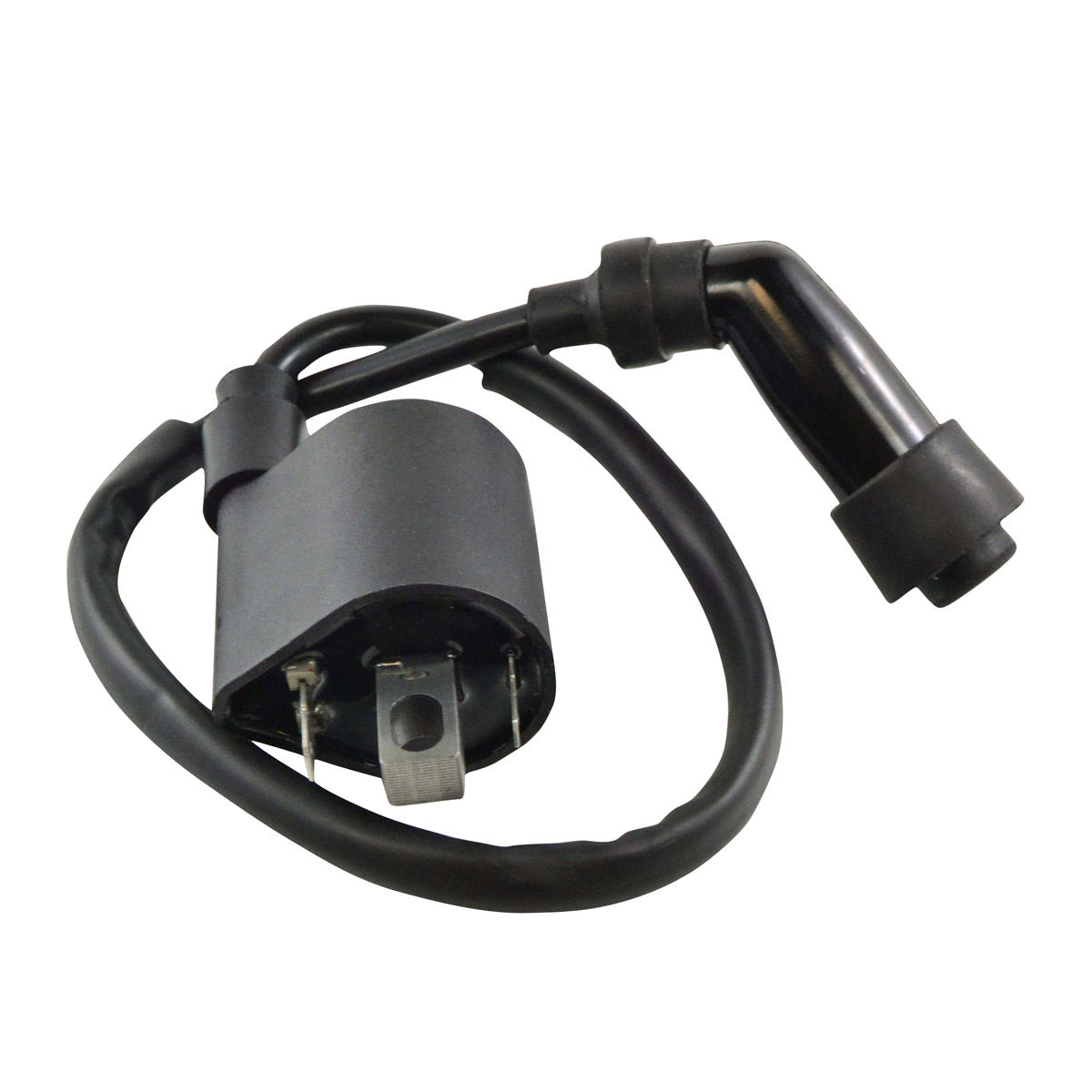 RM STATOR external ignition coil with spark plug cap, part RM06049, showing the coil and attached spark plug cap.