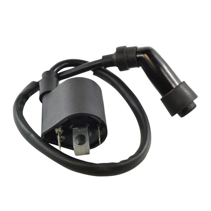 RM STATOR external ignition coil with spark plug cap, part RM06049, showing the coil and attached spark plug cap.