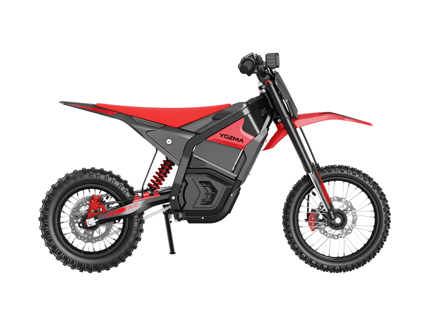 Yozma IN 10 electric mini dirt bike with 2600W motor, black and red design, showcasing its compact e-moto build.