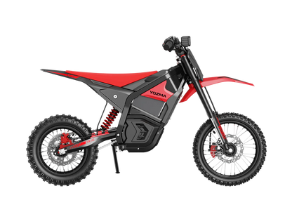 Yozma IN 10 electric mini dirt bike with 2600W motor, black and red design, showcasing its compact e-moto build.