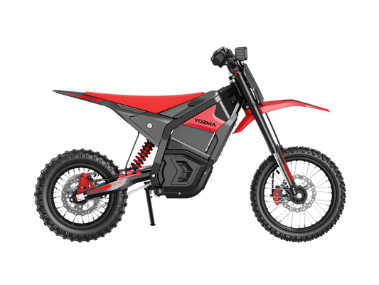 Yozma IN 10 electric mini dirt bike with 2600W motor, black and red design, showcasing its compact e-moto build.