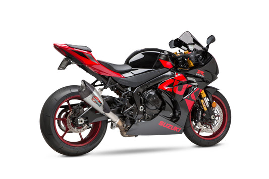 YOSHIMURA AT2 Street SS exhaust for Suzuki motorcycles, featuring sleek stainless steel finish and compact design.