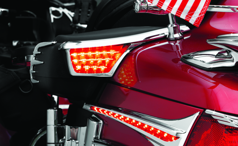 Kuryakyn LED passenger armrest trim with turn signals on chrome finish for Honda Gold Wing GL1800 2006-2017.