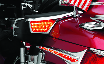 Kuryakyn LED passenger armrest trim with turn signals on chrome finish for Honda Gold Wing GL1800 2006-2017.