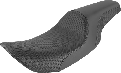 Black SADDLEMEN Profiler Basket-weave Seat for motorcycle, featuring textured leather and ergonomic design.