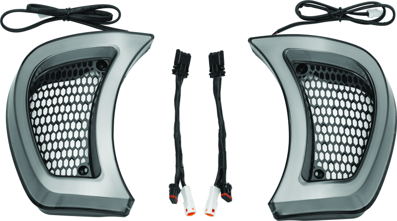 Kuryakyn Tracer Headlight Vent Accents for Harley-Davidson Road Glide, showcasing sleek chrome motorcycle headlight vent covers.