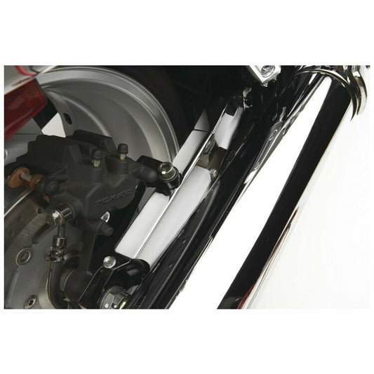 Chrome COBRA swingarm cover for Suzuki Boulevard M109R, detailed view of the sleek, polished motorcycle part.