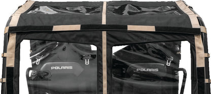 QuadBoss polycarbonate rear window for Polaris Ranger XP and Crew models, shown installed on a Polaris Ranger vehicle.