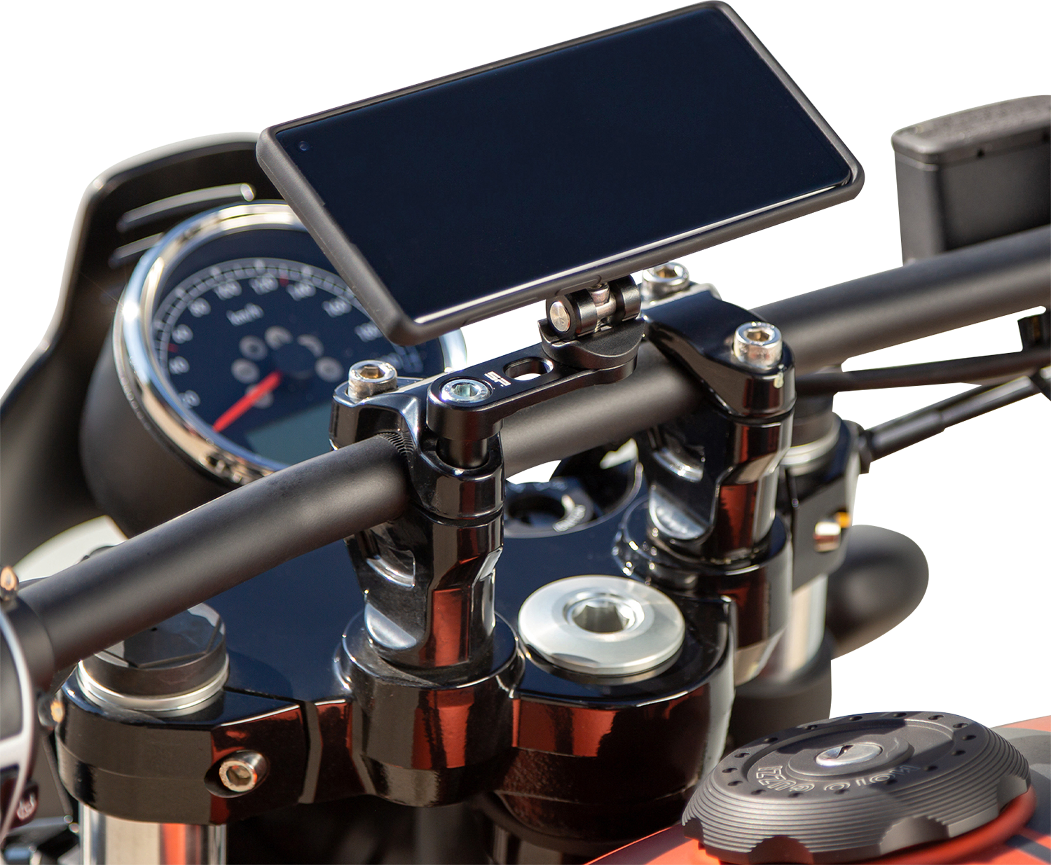 Black SP CONNECT Pro Phone Mount handlebar clamp attached to a motorcycle handlebar, securely holding a smartphone in place.