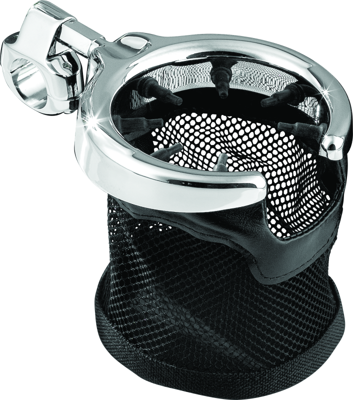 Chrome Kuryakyn drink holder with mesh basket and 1-inch clamp mounted on motorcycle handlebars.