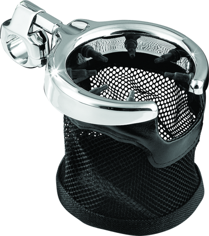 Chrome Kuryakyn drink holder with mesh basket and 1-inch clamp mounted on motorcycle handlebars.