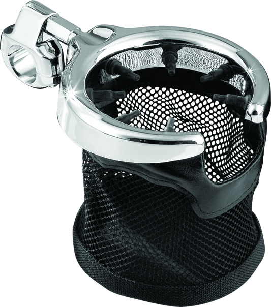 Chrome Kuryakyn drink holder with mesh basket and 1-inch clamp mounted on motorcycle handlebars.