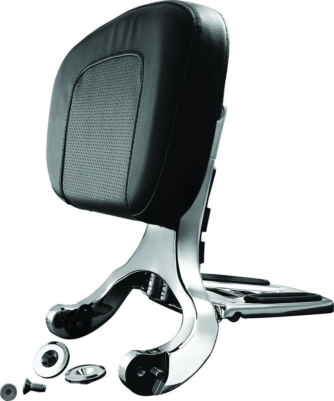 Kuryakyn Multi-Purpose Backrest with Luggage Rack for motorcycles, showing the black backrest and chrome luggage rack attachment