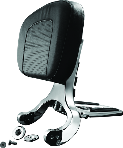 Kuryakyn Multi-Purpose Backrest with Luggage Rack for motorcycles, showing the black backrest and chrome luggage rack attachment