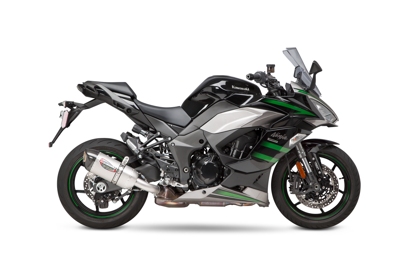 YOSHIMURA RS-12 ADV Street Alpha slip-on exhaust for Kawasaki motorcycle, showing the sleek black and silver design.