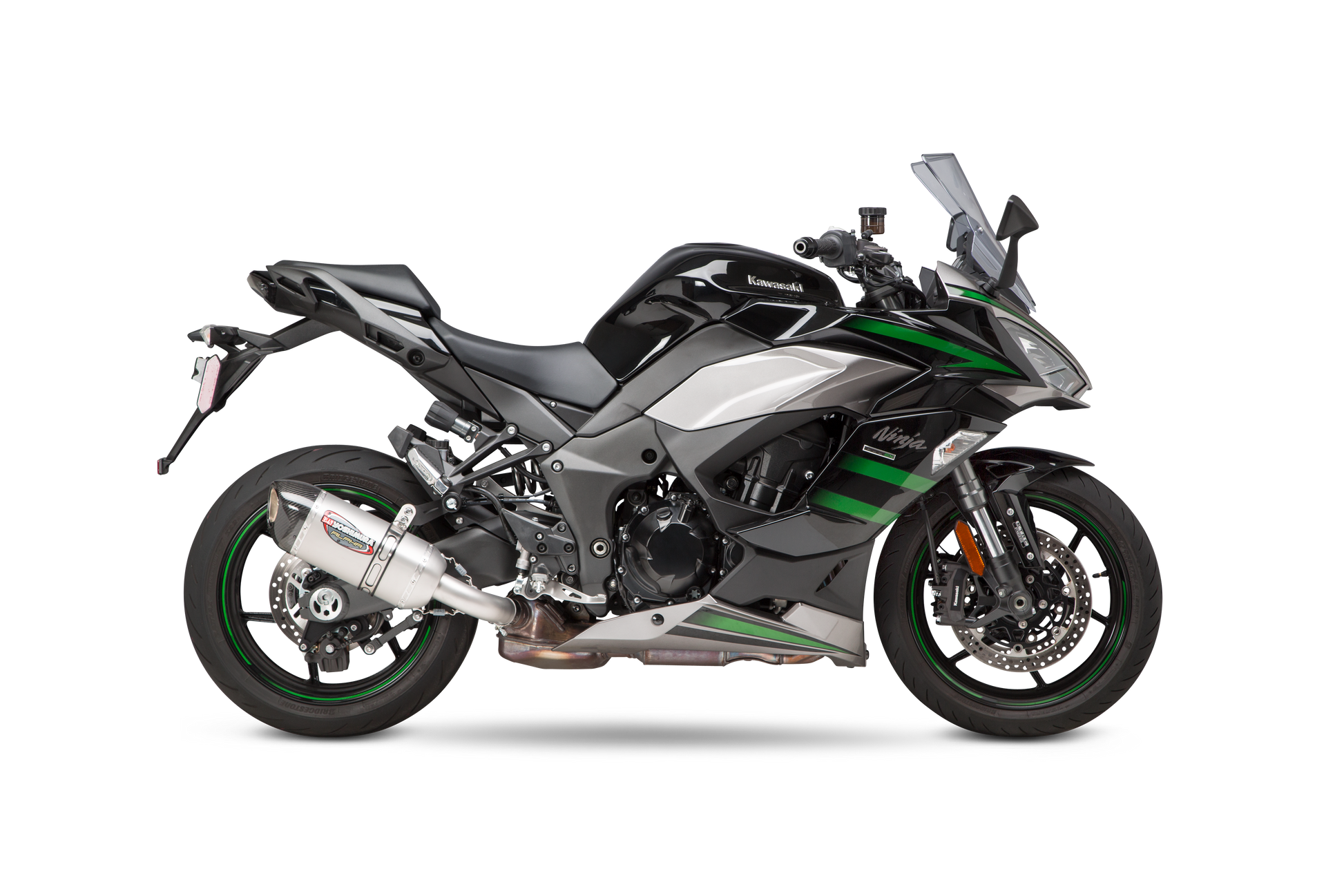 YOSHIMURA RS-12 ADV Street Alpha slip-on exhaust for Kawasaki motorcycle, showing the sleek black and silver design.