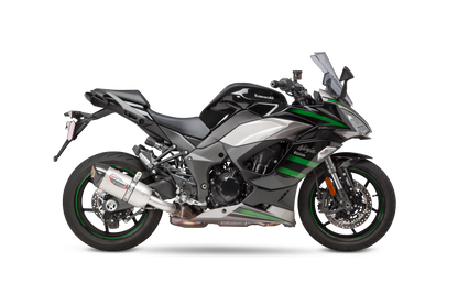 YOSHIMURA RS-12 ADV Street Alpha slip-on exhaust for Kawasaki motorcycle, showing the sleek black and silver design.