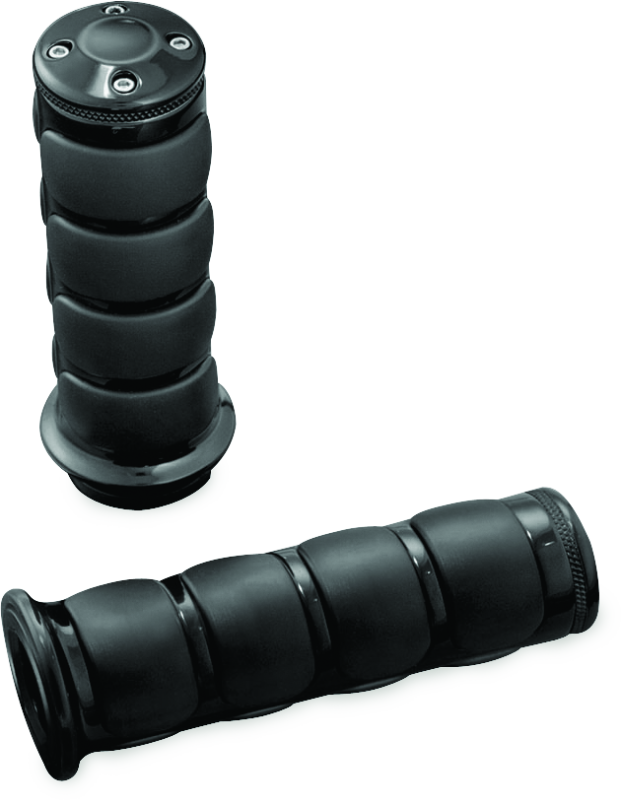 Kuryakyn ISO grips for sportbikes in black, showing close-up of textured rubber grip with metal accents on motorcycle handlebars.