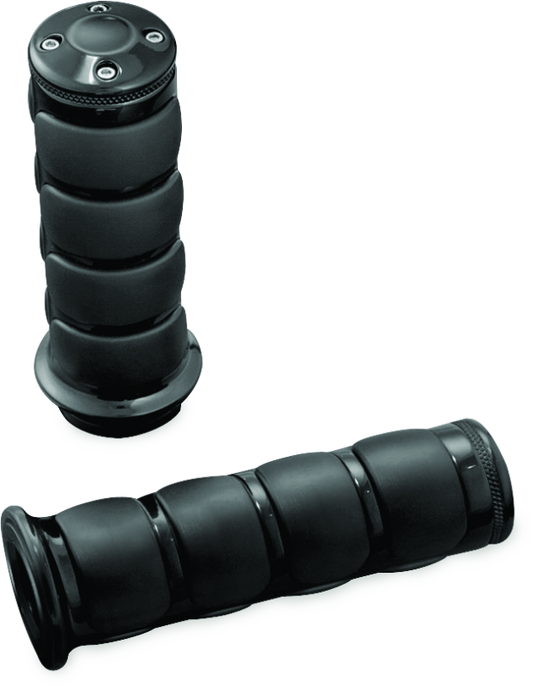 Kuryakyn ISO grips for sportbikes in black, showing close-up of textured rubber grip with metal accents on motorcycle handlebars.