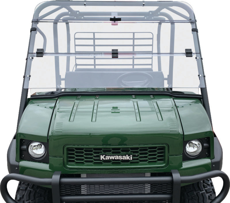 QuadBoss KAF620 Mule 4010 folding windshield for Kawasaki Mule 4010 4x4, shown installed on the vehicle.