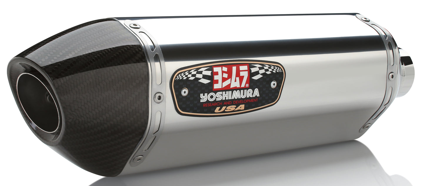 YOSHIMURA Yoshimura Exhaust Street R 77 Slip-On SS SS CF dual motorcycle exhaust system on motorcycle side view