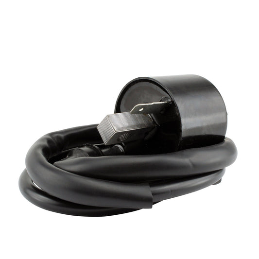 RM STATOR external ignition coil part RM06158, a plug-and-play replacement, shown in the image with connection terminals and coil body.