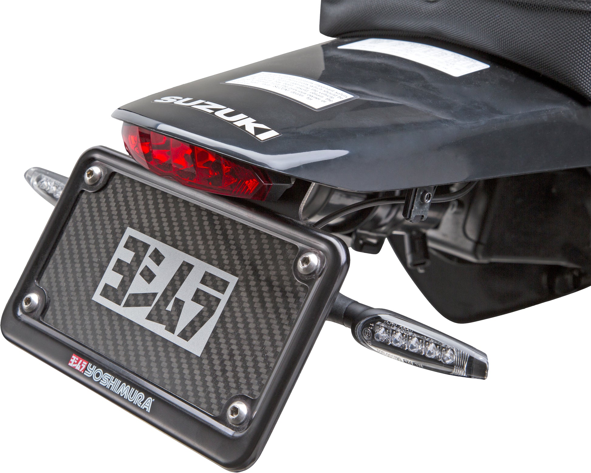 YOSHIMURA black single license plate frame with logo, featuring a sleek design and mounting holes for easy installation