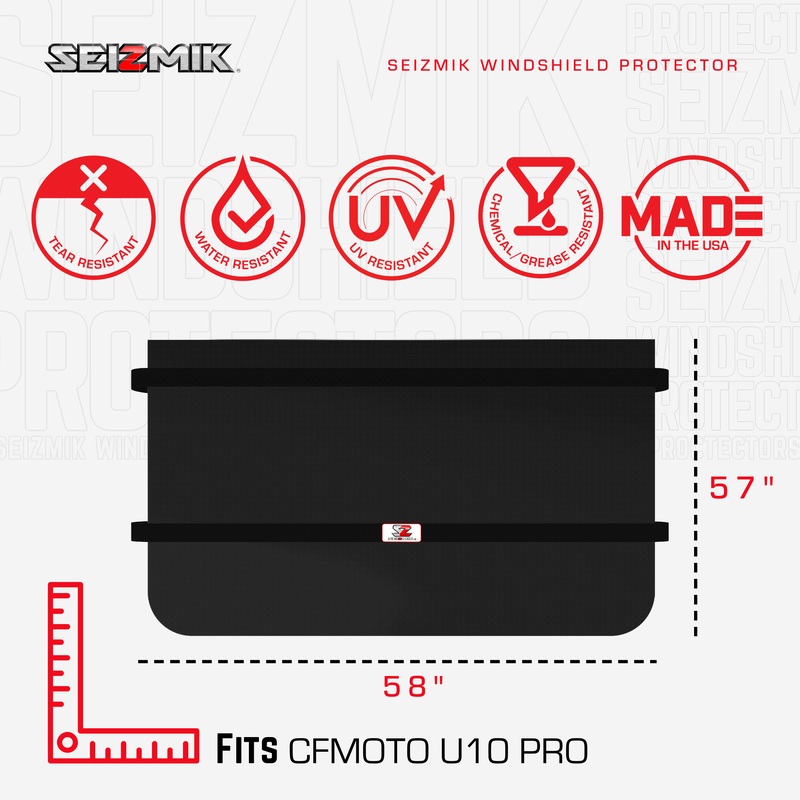 SEIZMIK CFMoto windshield protector Model 66-10128, clear durable plastic shield for off-road vehicle protection.