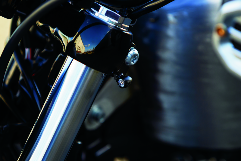 Kuryakyn Kellermann Atto clear lens amber LED motorcycle indicator lights in satin black finish, compact and stylish.