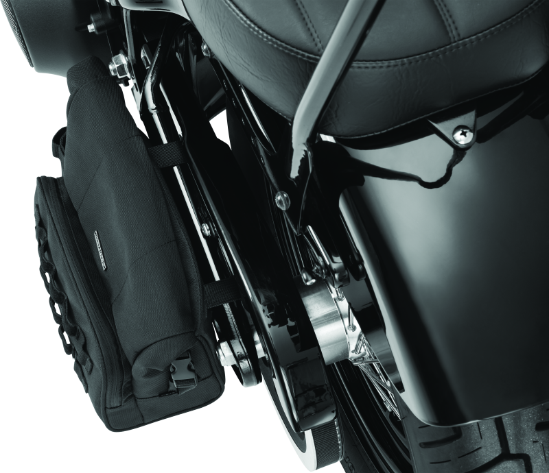 Kuryakyn Hoodrat universal swingarm bag for powersports equipment, showing black durable material and secure mounting features.