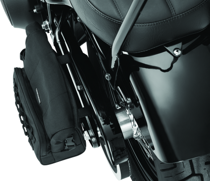 Kuryakyn Hoodrat universal swingarm bag for powersports equipment, showing black durable material and secure mounting features.