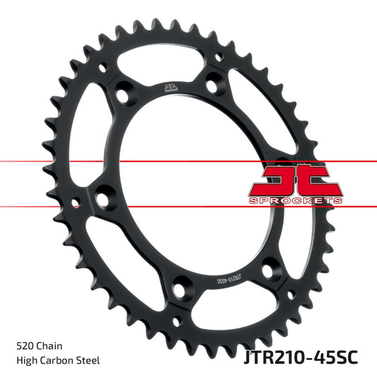 Steel 45-tooth rear sprocket for 520 Beta and Honda bikes by JT, shown mounted on a motorcycle drivetrain.
