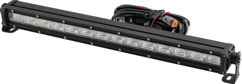 QuadBoss 21.5-inch single row DRL LED light bar with combo flood and spot beams, showcasing its durable outdoor lighting design.