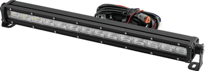 QuadBoss 21.5-inch single row DRL LED light bar with combo flood and spot beams, showcasing its durable outdoor lighting design.