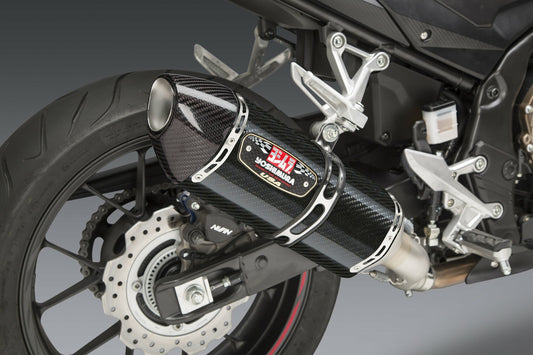 YOSHIMURA Yoshimura 12553B0220 Street R 77 slip-on exhaust with stainless steel and carbon fiber finish, mounted on motorcycle.