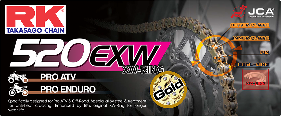 RK EXCEL GB520EXW drive chain in gold, 520 x 120 size, designed for racing and endurance motorcycle applications