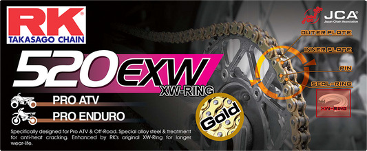 RK EXCEL GB520EXW drive chain in gold, 520 x 120 size, designed for racing and endurance motorcycle applications